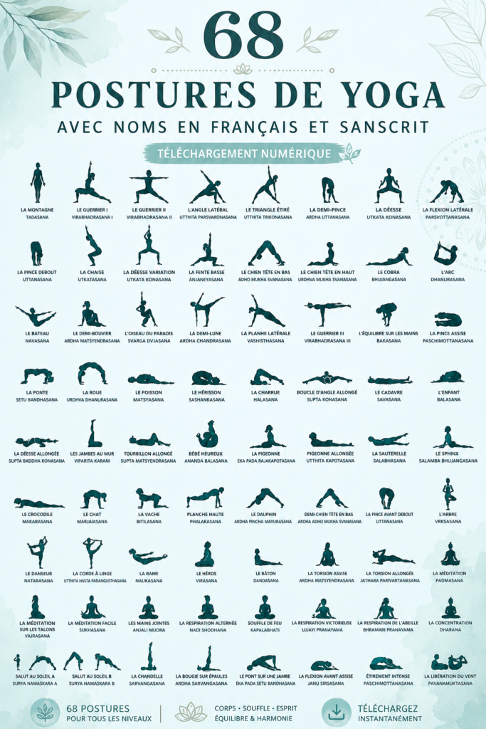 Illustration des vecteurs de yoga avec leurs noms en anglais et sanskrit