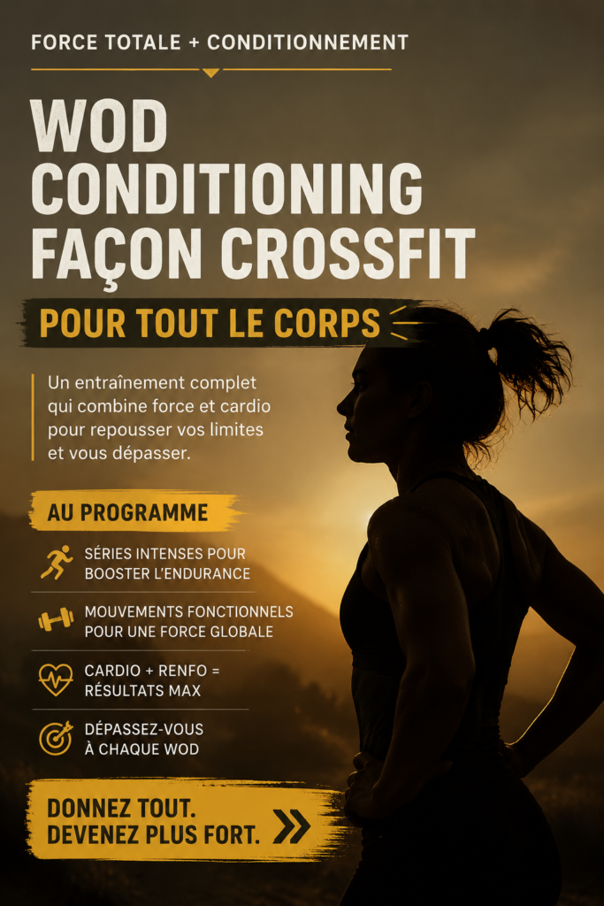 Femme faisant un WOD CrossFit en intérieur, portant des équipements de sport.