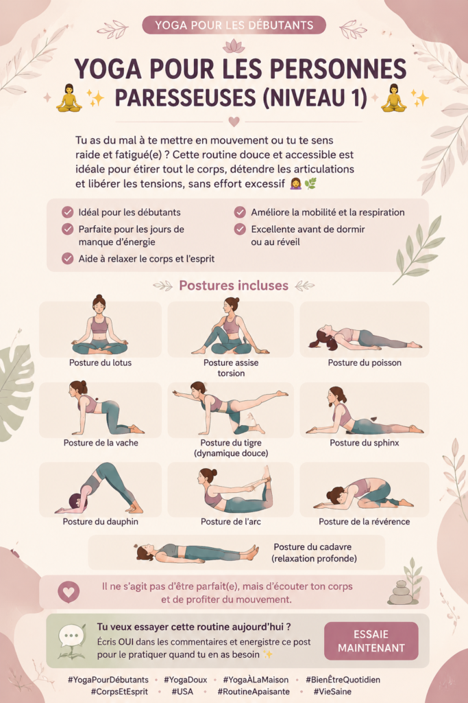 Femme pratiquant le yoga doux dans un cadre apaisant, illustrant le bien-être.