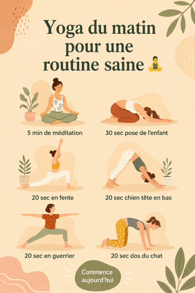 Femme pratiquant le yoga du matin dans un espace calme et lumineux.