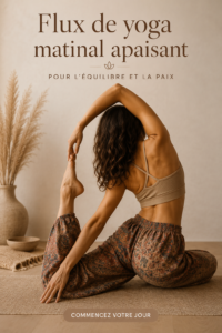 Femme pratiquant le yoga matinal à la lumière du matin, pour équilibre et sérénité.