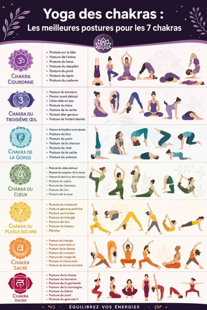 Femme pratiquant le yoga sur un tapis, entourée d'éléments naturels, symbolisant l'harmonie des chakras.