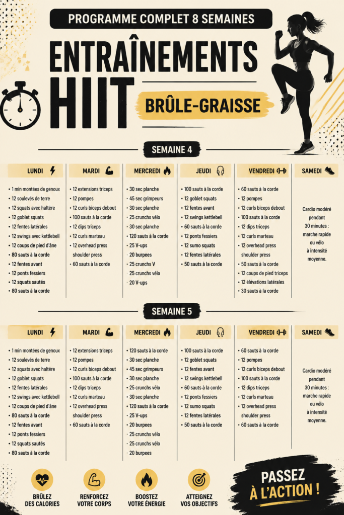 Illustration d'une femme en pleine séance de HIIT, réalisant des exercices de cardio