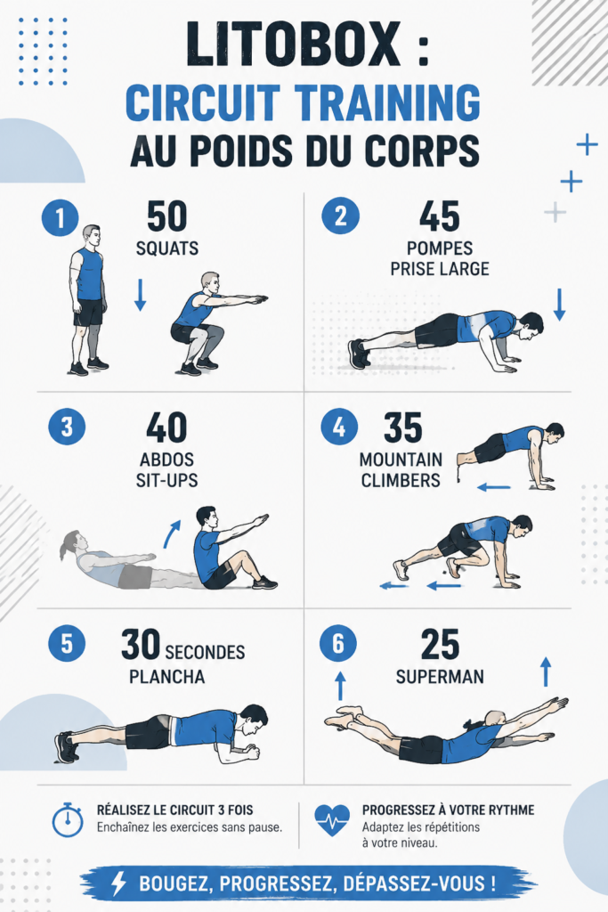 Une femme s'entraînant avec un circuit training au poids du corps, sans équipement.