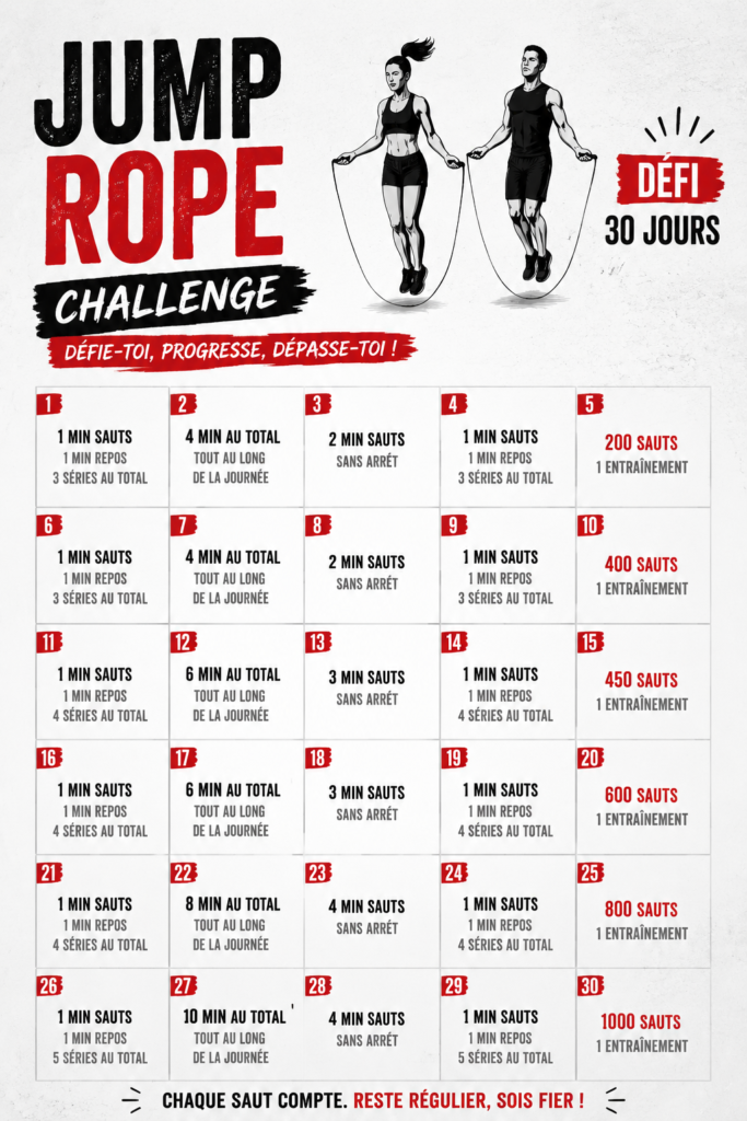 Femme qui saute à la corde dans un parc, emblématique du défi fitness.