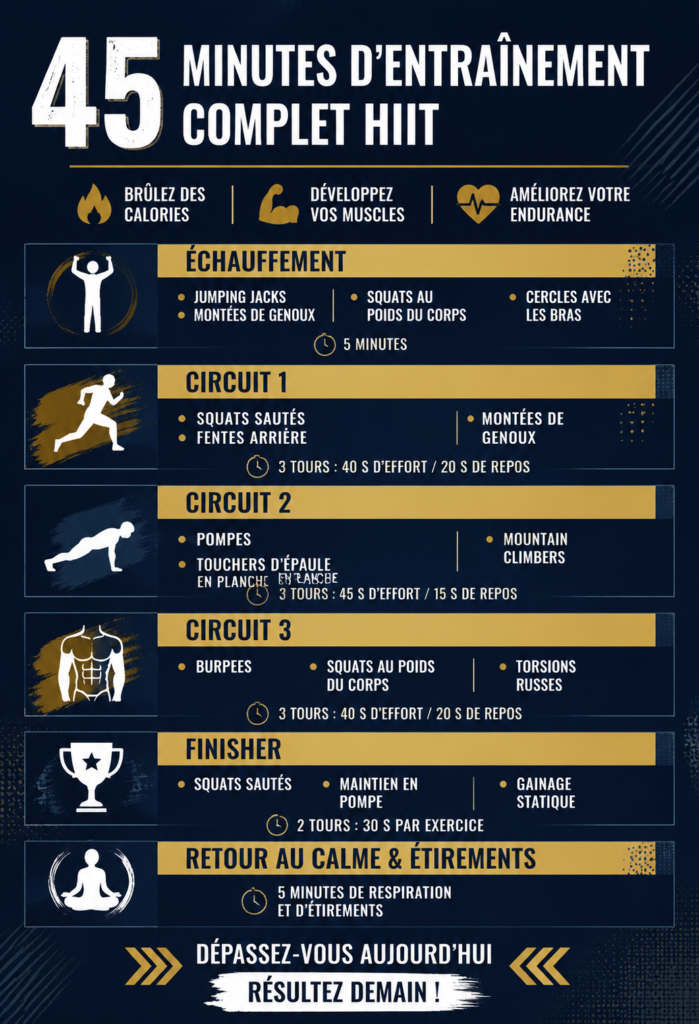 Femme effectuant un entraînement HIIT à domicile avec des exercices variés.