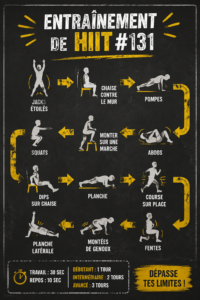 Femme en pleine séance de HIIT à la maison, démontrant des exercices variés.