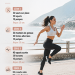 Femme réalisant un entraînement HIIT complet sans équipement dans un salon