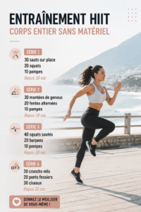 Femme réalisant un entraînement HIIT complet sans équipement dans un salon
