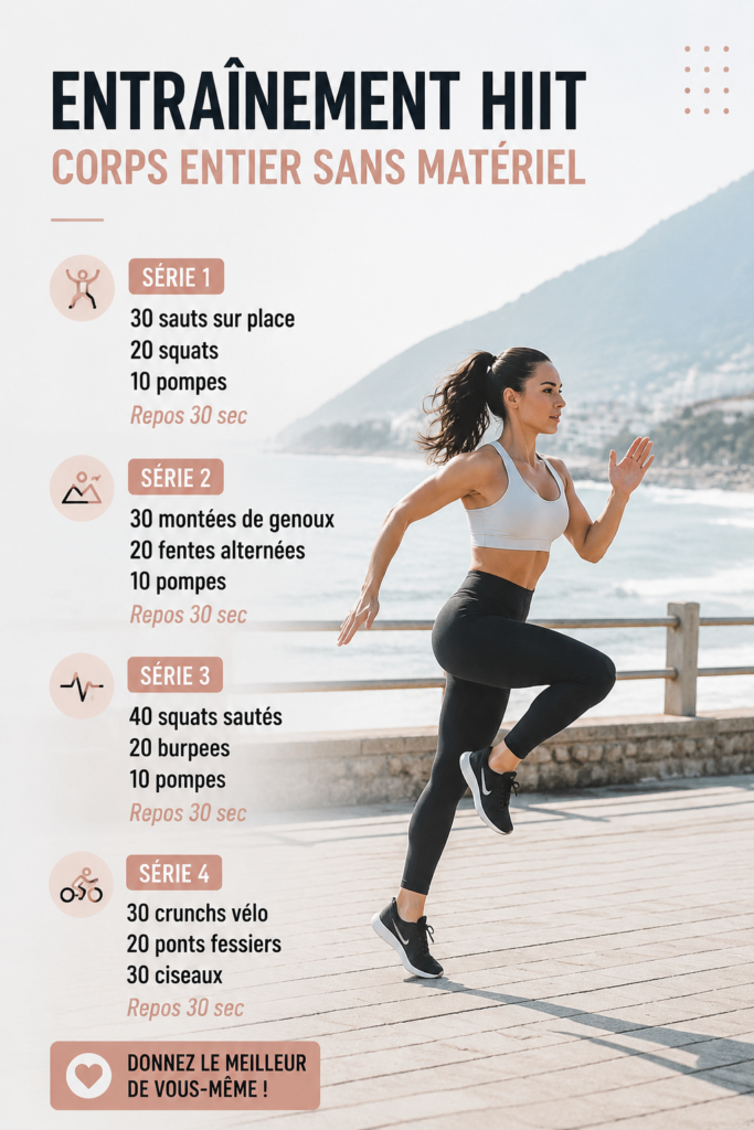 Femme réalisant un entraînement HIIT complet sans équipement dans un salon