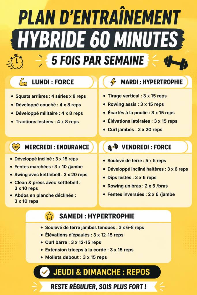 Plan d'entraînement hybride de 60 minutes adapté aux femmes