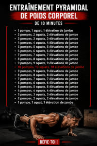 Femme faisant des exercices physiques à la maison dans le cadre d'un entraînement pyramidal de 10 minutes.