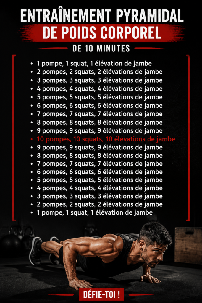 Femme faisant des exercices physiques à la maison dans le cadre d'un entraînement pyramidal de 10 minutes.