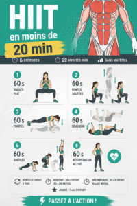 Femme s'entraînant à la maison avec des exercices HIIT rapides.