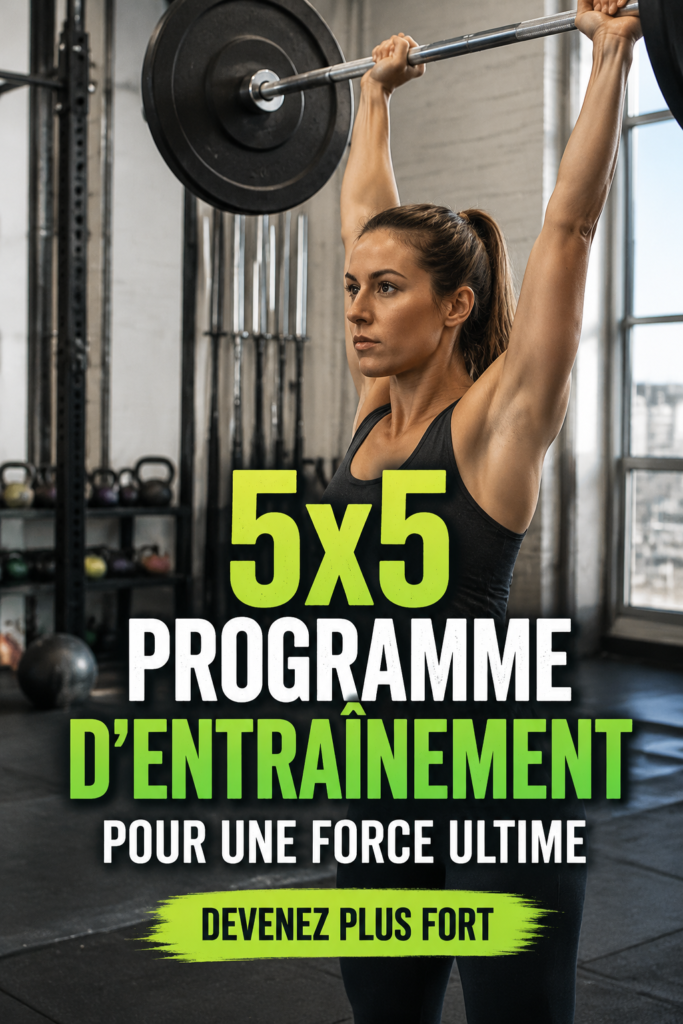 Femme réalisant un entraînement 5x5 dans une salle de sport.