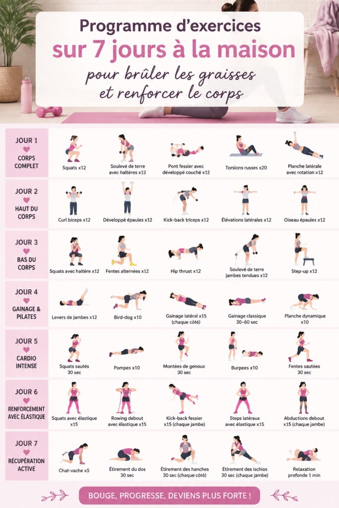 Femme faisant des exercices à domicile avec un tapis de fitness dans un salon lumineux.