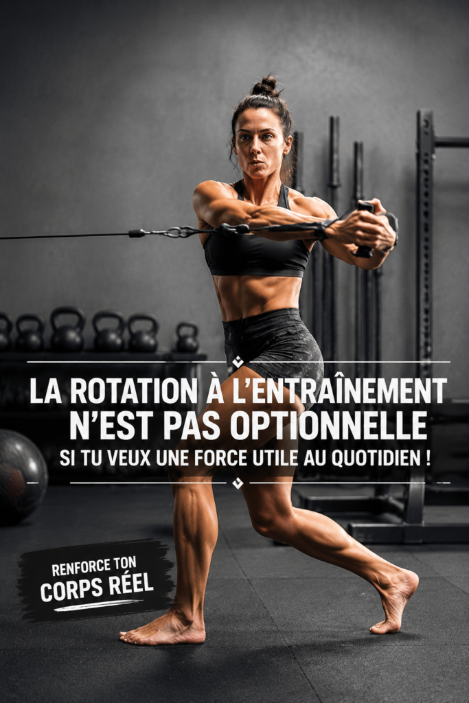 Femme s'entraînant avec des poids dans un gymnase, illustrant la force réelle grâce à la rotation d'entraînement.