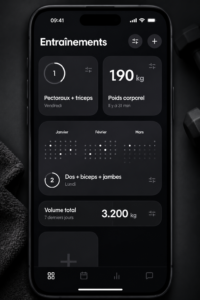 Un smartphone affichant l'application Dropset au gym, montrant des graphiques de progression.