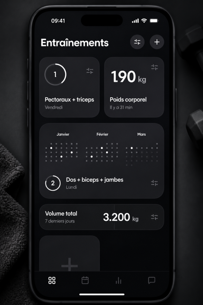 Un smartphone affichant l'application Dropset au gym, montrant des graphiques de progression.