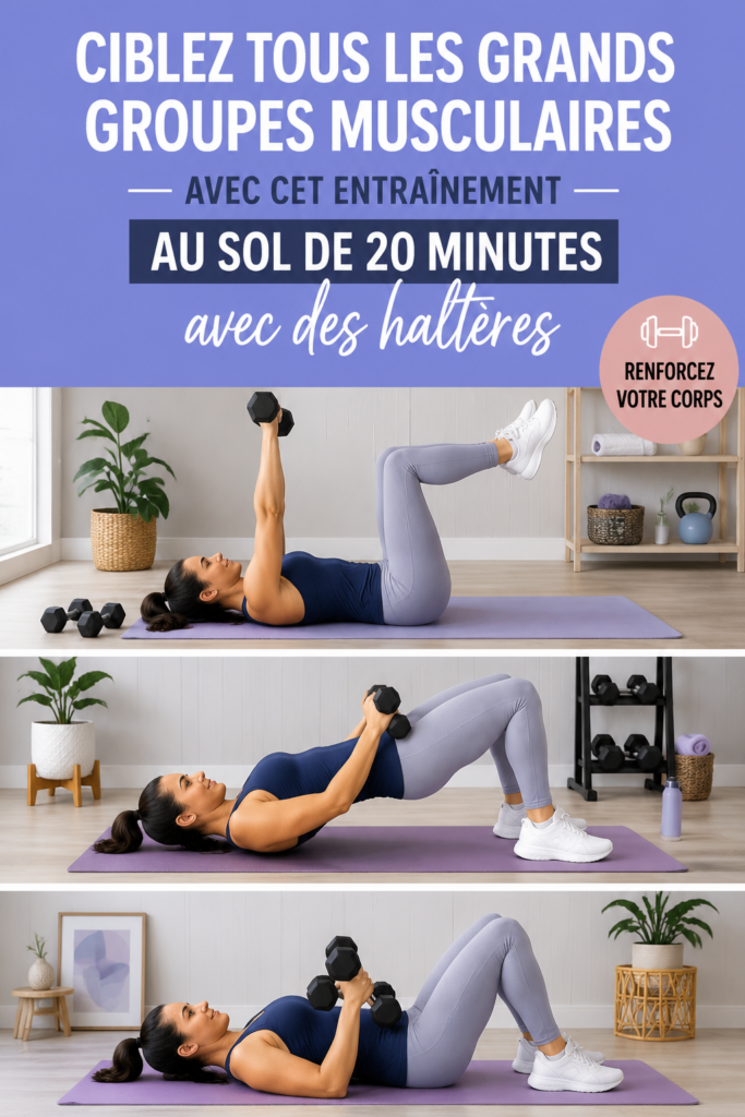 Femme en train de faire un exercice de renforcement musculaire au sol avec des poids.