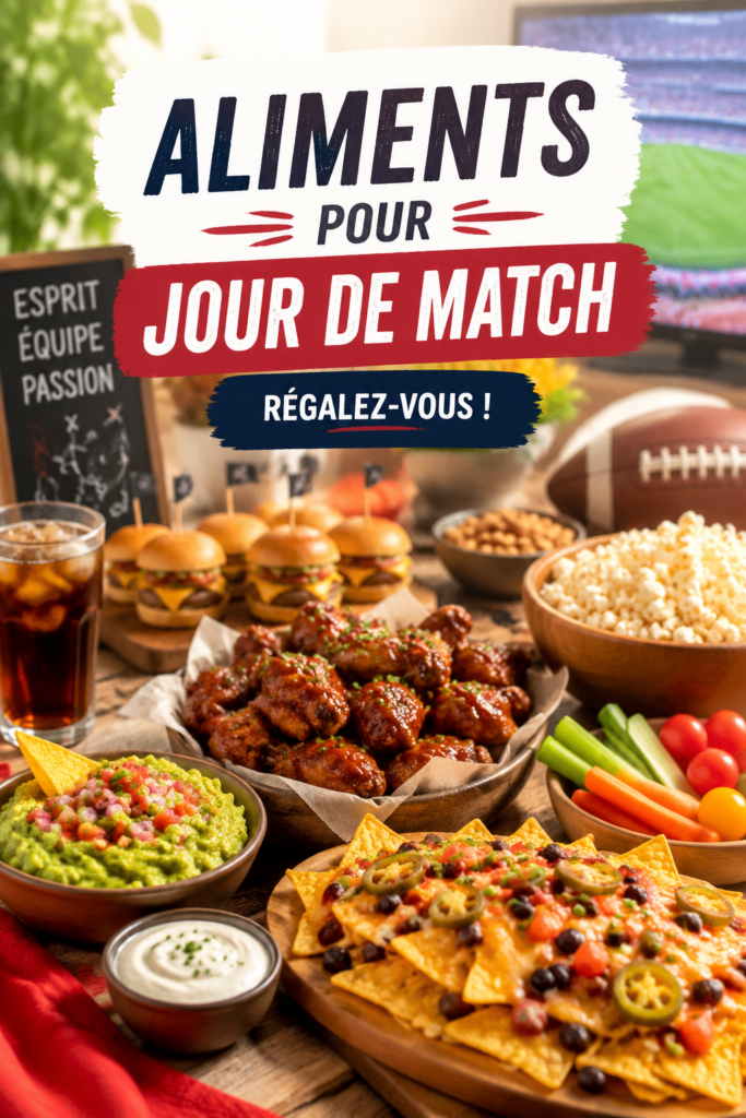 Assortiment d'en-cas sains et gourmands pour un jour de match, comprenant des légumes et des dips.
