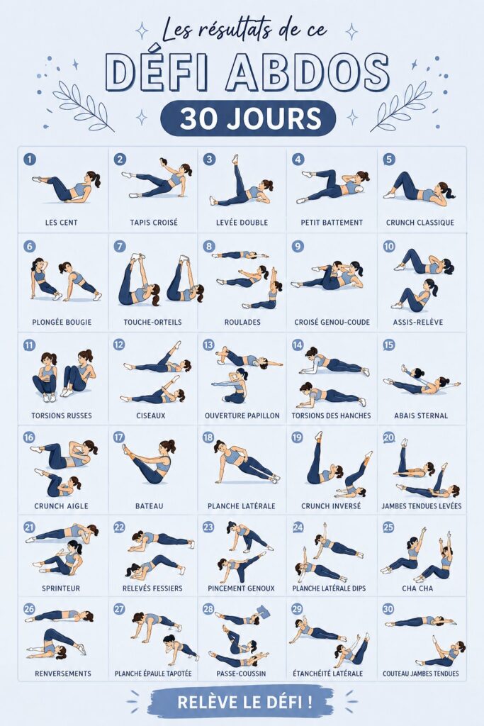 Femme enthousiaste en train de réaliser des exercices pour un défi abdominaux de 30 jours.