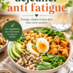 Déjeuner sain avec smoothie vert et tartines complet.