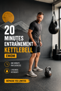 Femme s'entraînant avec un kettlebell à la maison, montrant une séance de fitness pratique.