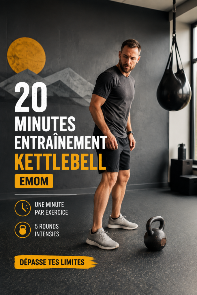 Femme s'entraînant avec un kettlebell à la maison, montrant une séance de fitness pratique.