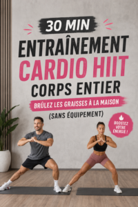 Femme en train de réaliser un entraînement HIIT complet à domicile sans équipement.