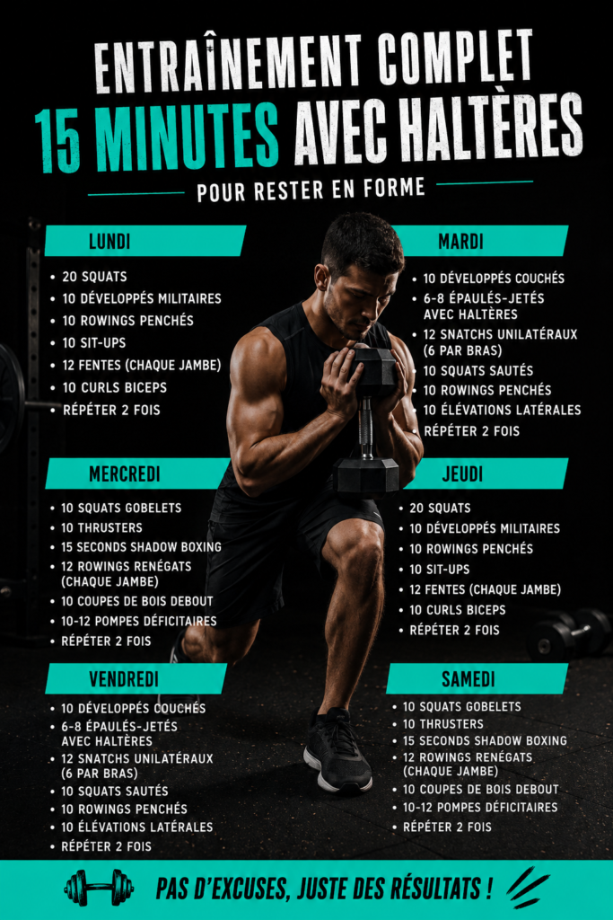 Femme en train de faire un entraînement complet avec des haltères en 15 minutes.
