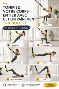 Femme utilisant un TRX pour un entraînement complet à domicile