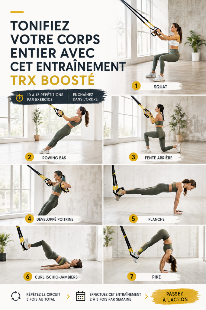 Femme utilisant un TRX pour un entraînement complet à domicile