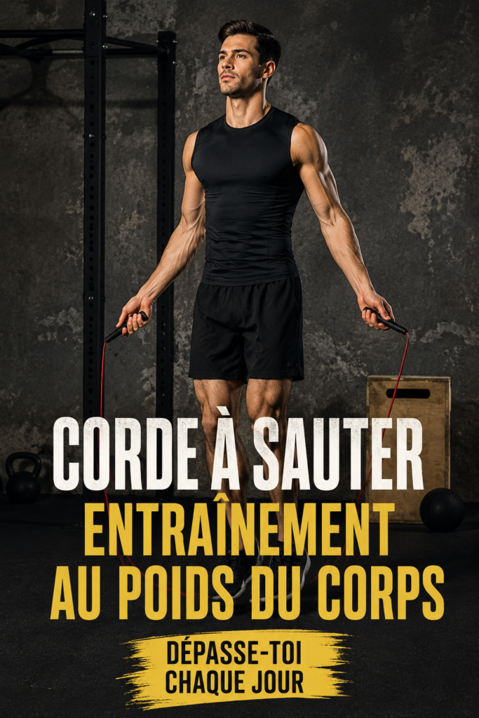 Femme utilisant une corde à sauter dans son salon pour s'entraîner à la maison.