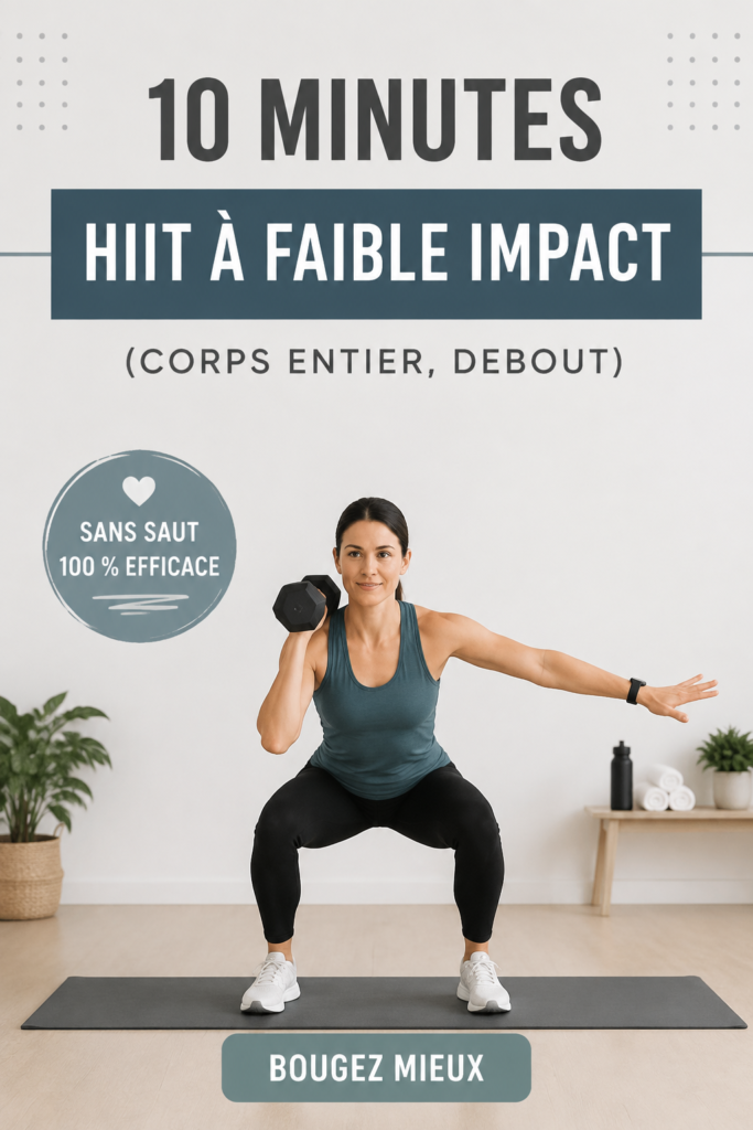 Femme faisant un entraînement HIIT doux debout dans un salon lumineux.