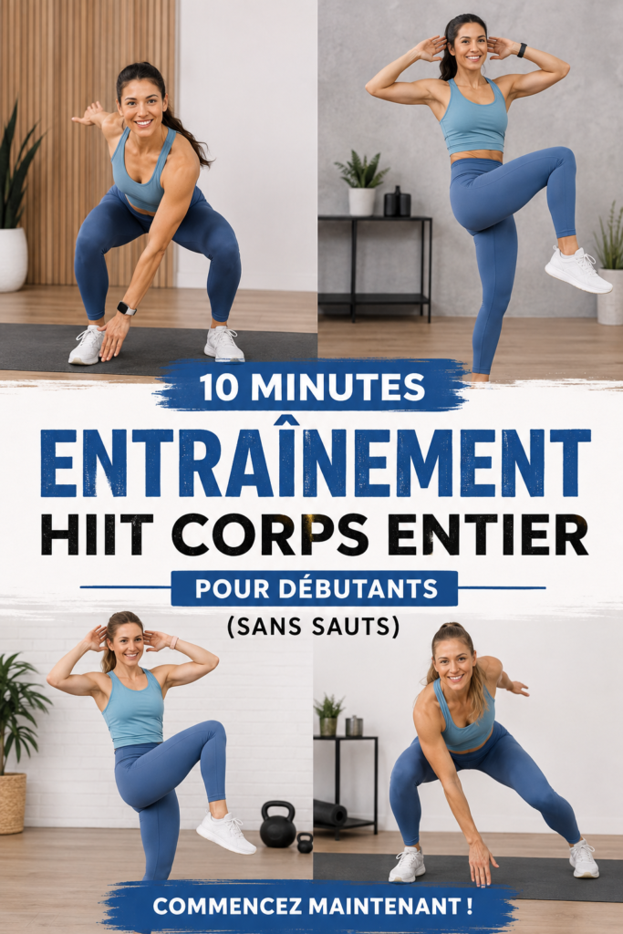 Femme réalisant un entraînement HIIT de 10 minutes, sans sauts, dans un environnement calme à la maison.