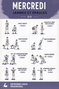 Femme effectuant des exercices pour jambes et épaules dans un salon