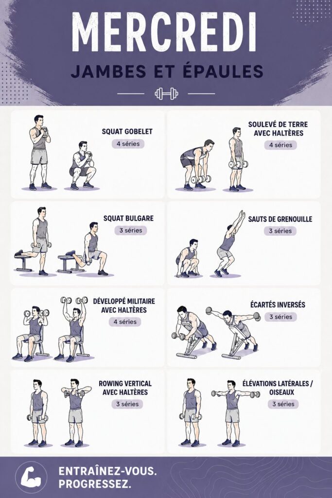 Femme effectuant des exercices pour jambes et épaules dans un salon