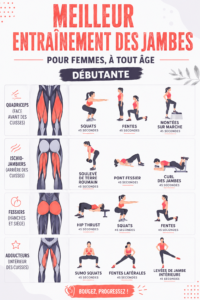 Femme effectuant des exercices pour les jambes à domicile, montrant un entraînement adapté à tous les niveaux.