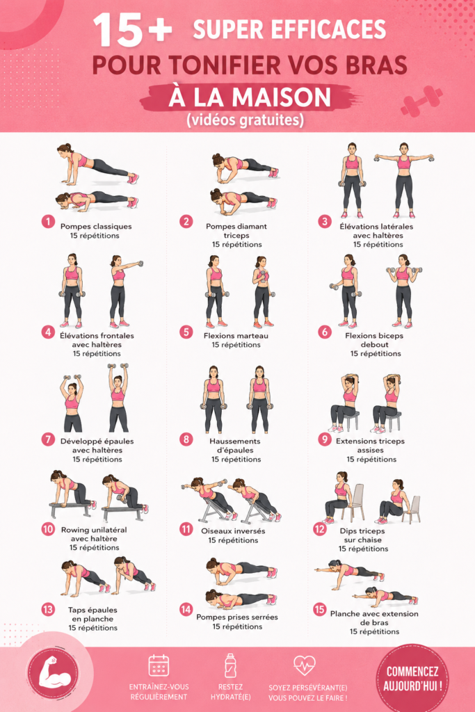 Femme heureuse effectuant des exercices pour les bras à la maison.