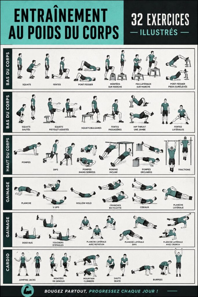 Affiche illustrant des exercices au poids du corps à pratiquer chez soi