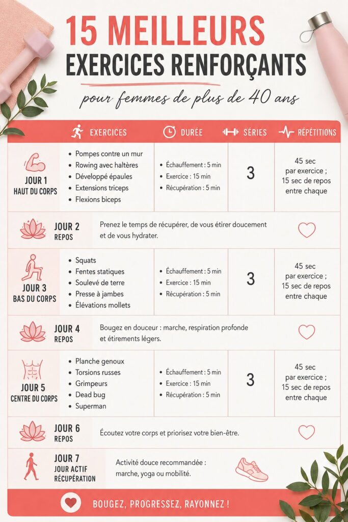 Femme de plus de 40 ans pratiquant des exercices de renforcement musculaire à la maison.