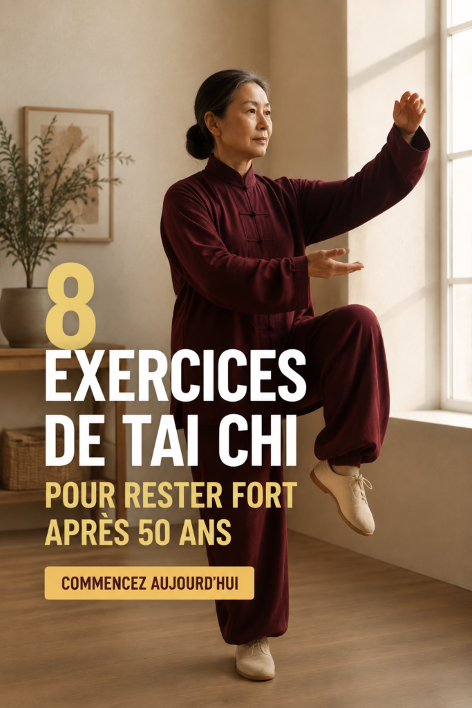 Femme de 50 ans pratiquant le Tai Chi dans un parc, symbole de force et d'équilibre.