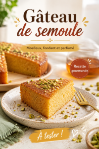 Gâteau de semoule moelleux sur une assiette, décoré de fruits