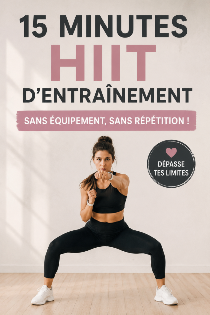 Femme effectuant un entraînement HIIT de 15 minutes sans équipement.