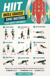 Femme réalisant un entraînement HIIT à la maison sans matériel