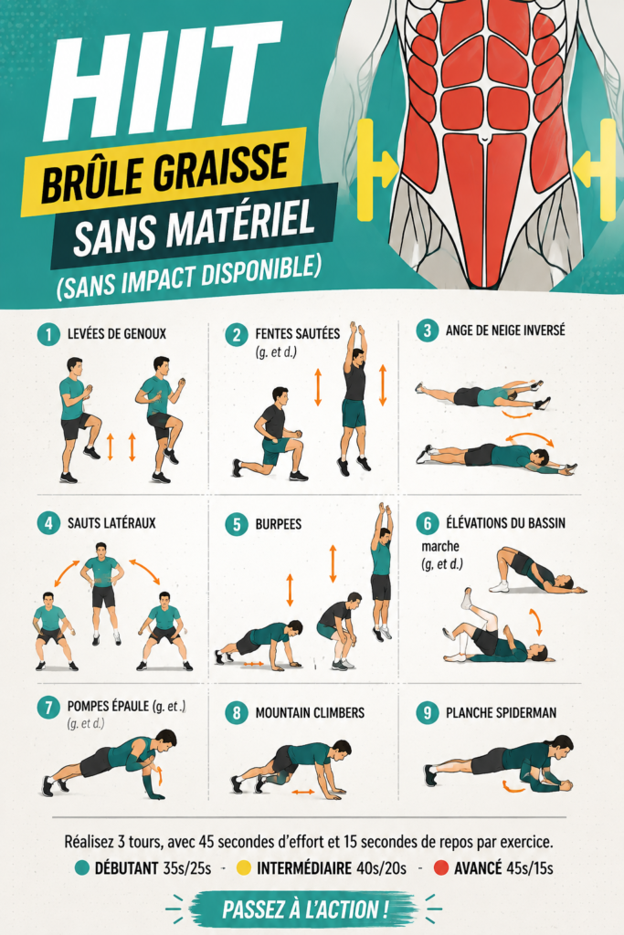 Femme réalisant un entraînement HIIT à la maison sans matériel