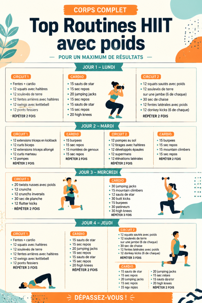 Femme faisant un entraînement HIIT avec poids dans un environnement de fitness.