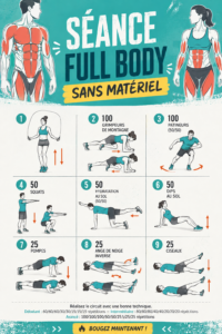 Femme réalisant une séance de fitness full body à la maison sans matériel.