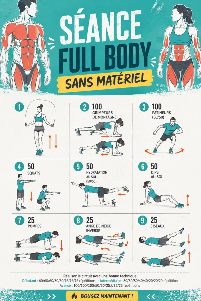 Femme réalisant une séance de fitness full body à la maison sans matériel.